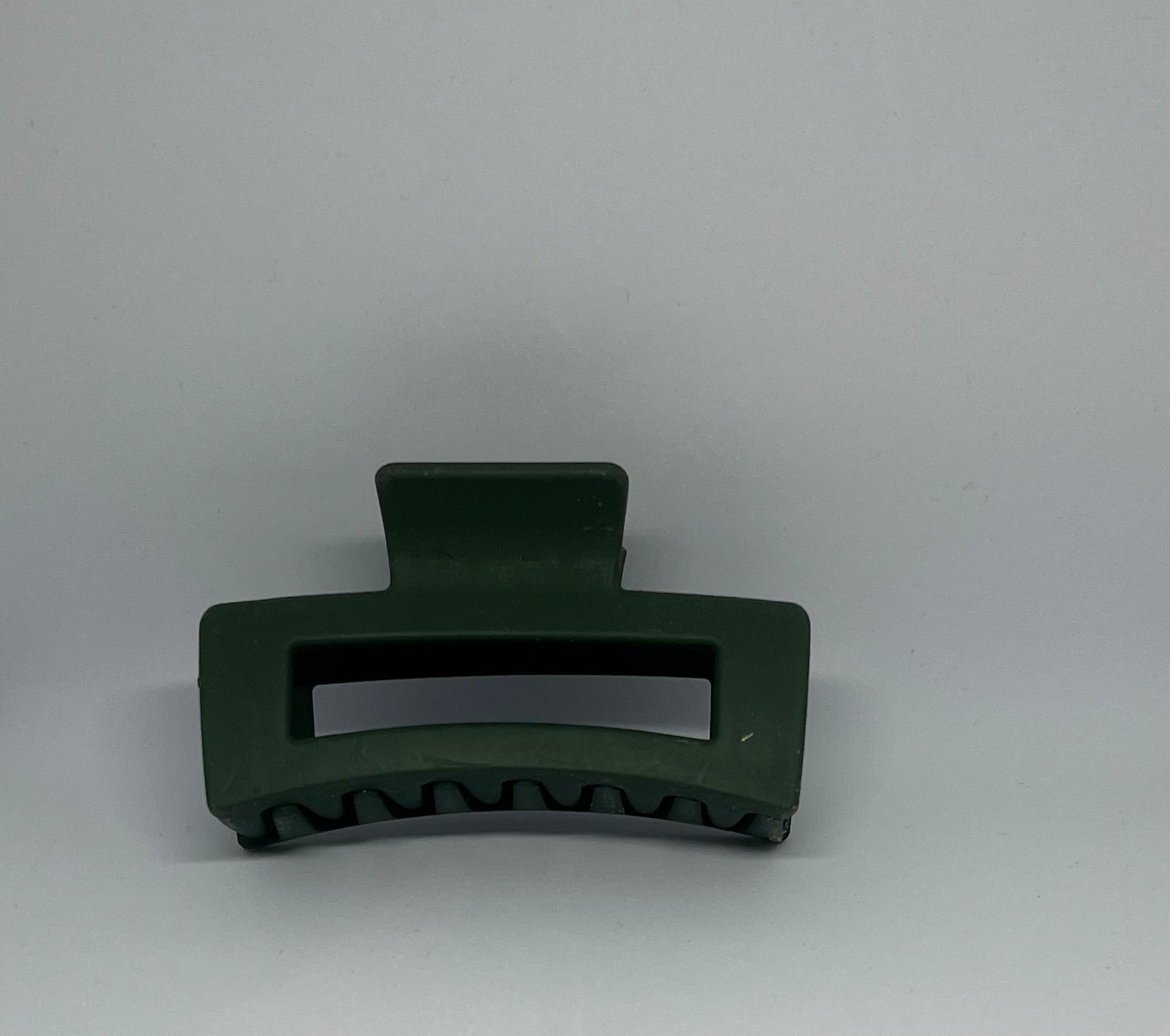 Forest green matte rectangle hair claw clip with open design and strong grip teeth