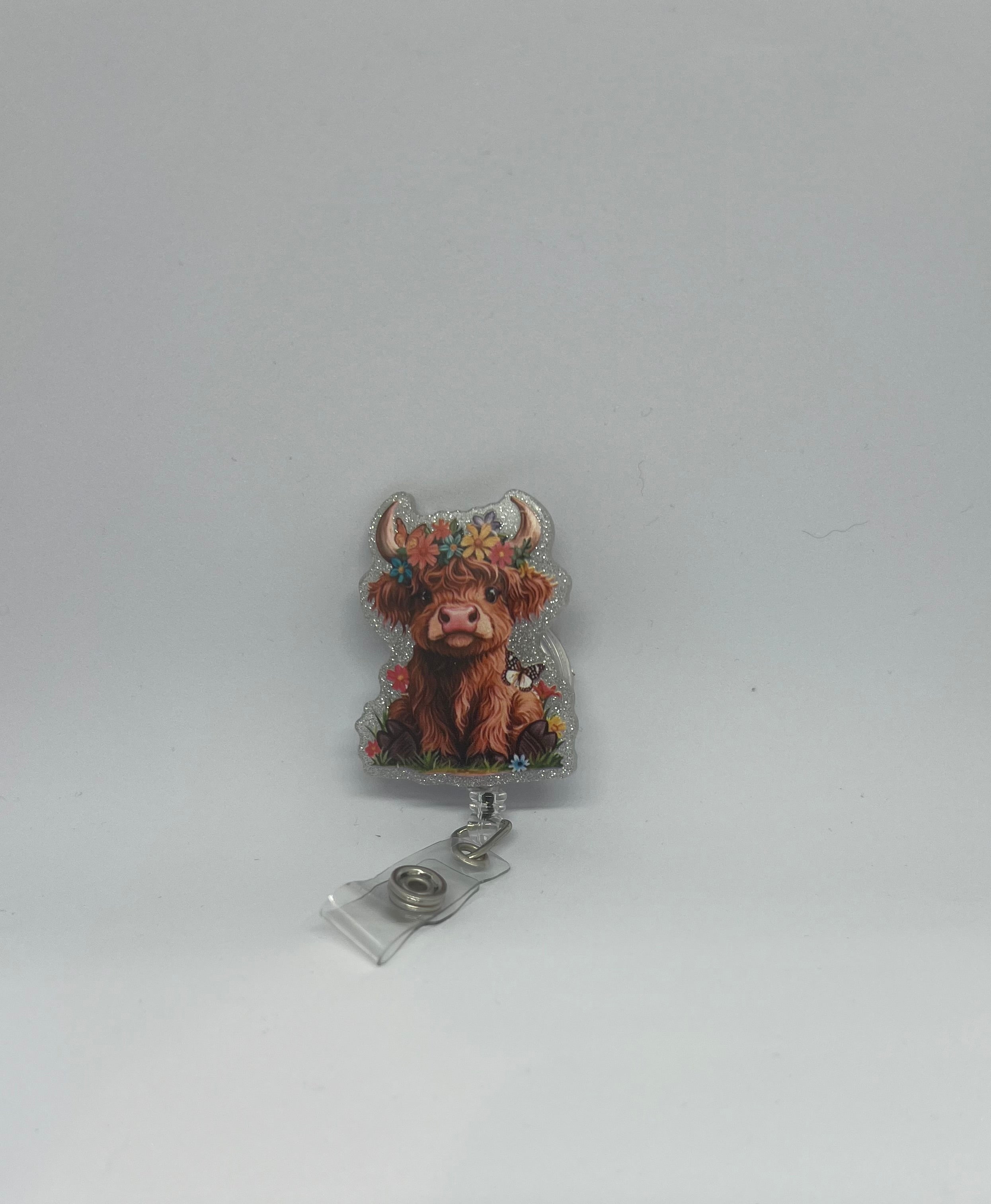 Highland Cow Glitter Retractable Badge Reel