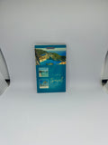 It's Time to Travel luggage tag with coastal cliffs and tropical beach photography on teal background