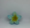 Blue frangipani flower hair claw clip with translucent sky blue petals and golden yellow centre
