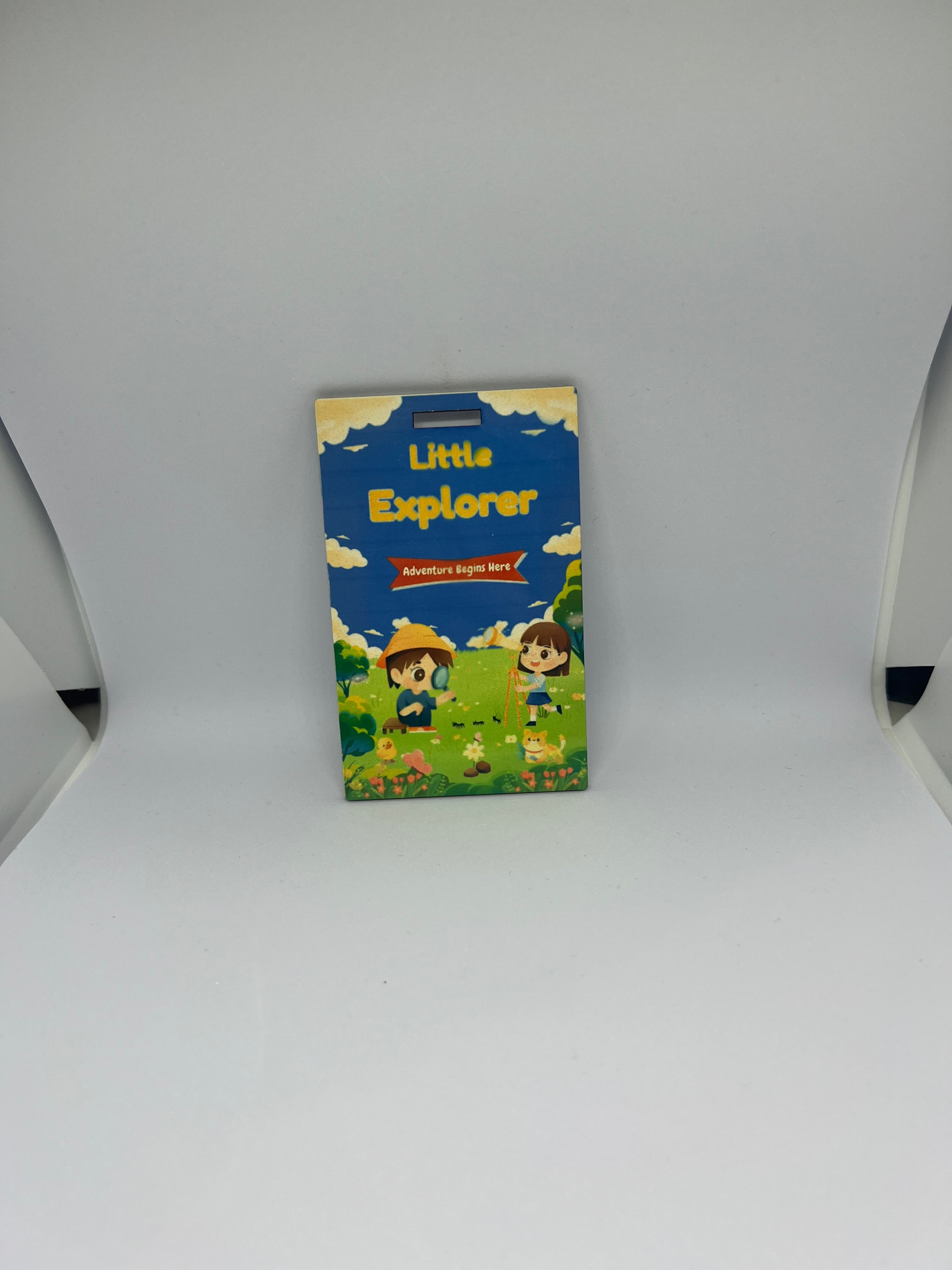 Little Explorer Adventure Begins Here luggage tag with cartoon kids in sunny meadow illustration