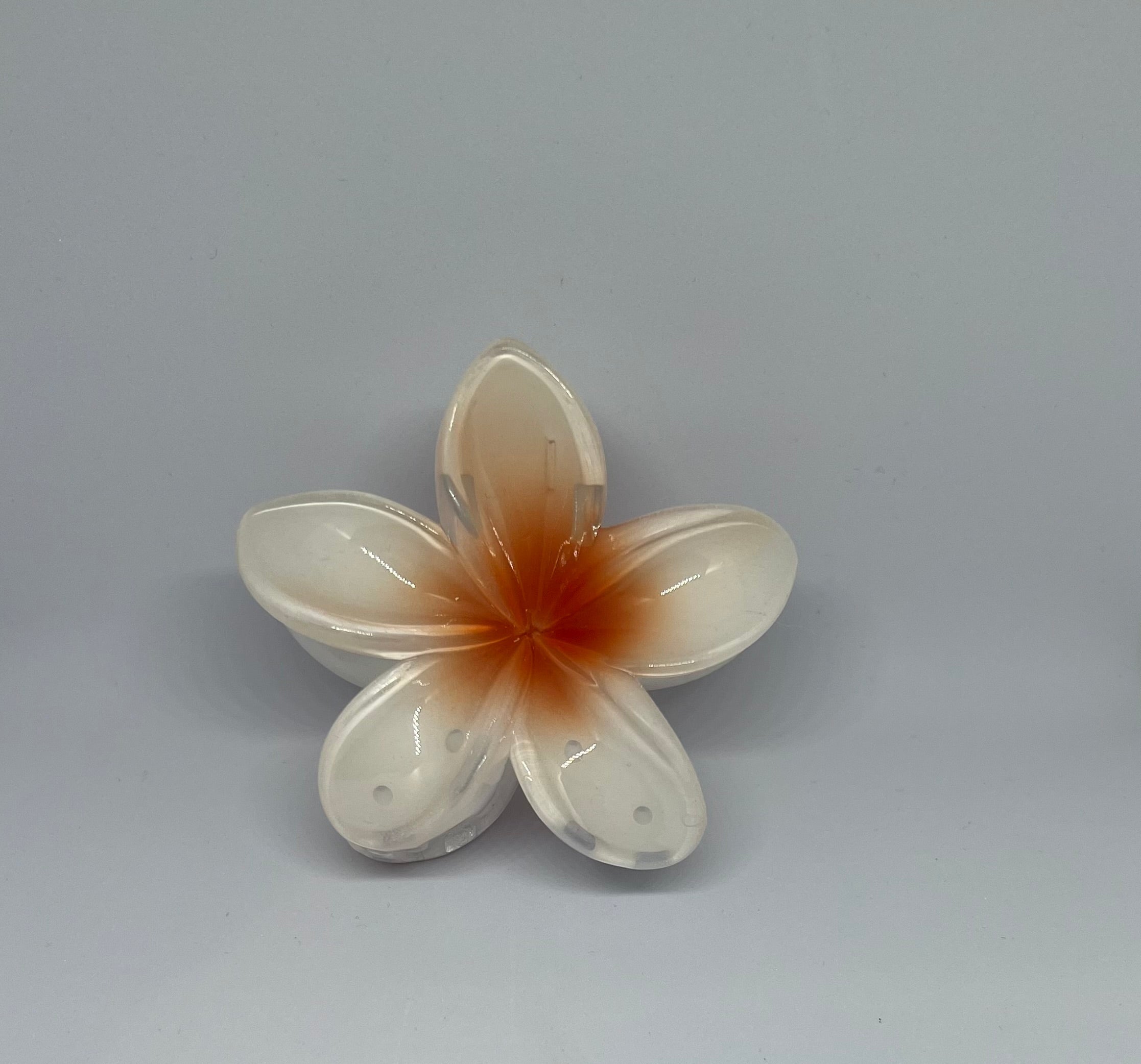 White frangipani flower hair claw clip with translucent white petals and terracotta rust centre