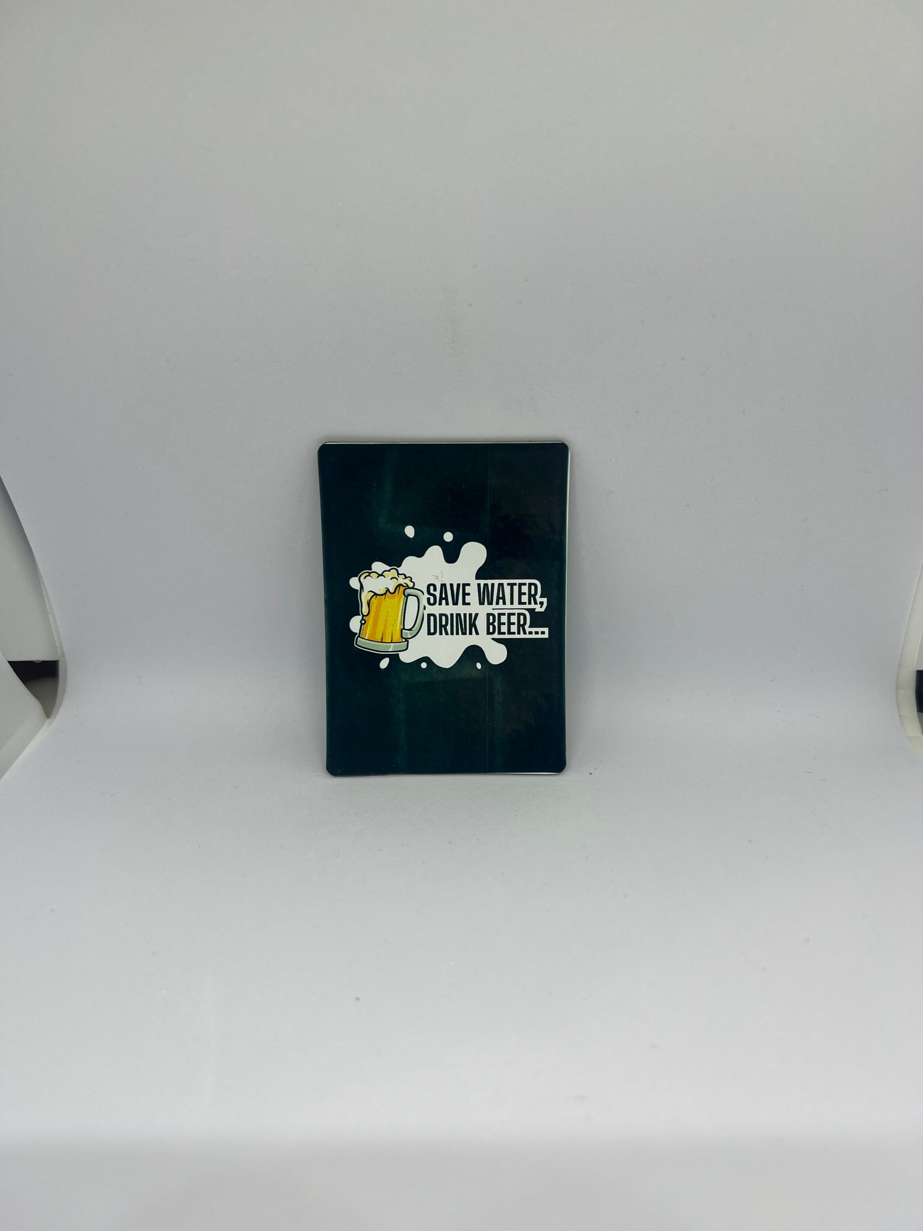 Save Water Drink Beer magnet with beer mug illustration on dark teal background