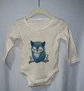 Oatmeal marle long sleeve baby onesie with watercolour sleepy teal owl on branch print on hanger