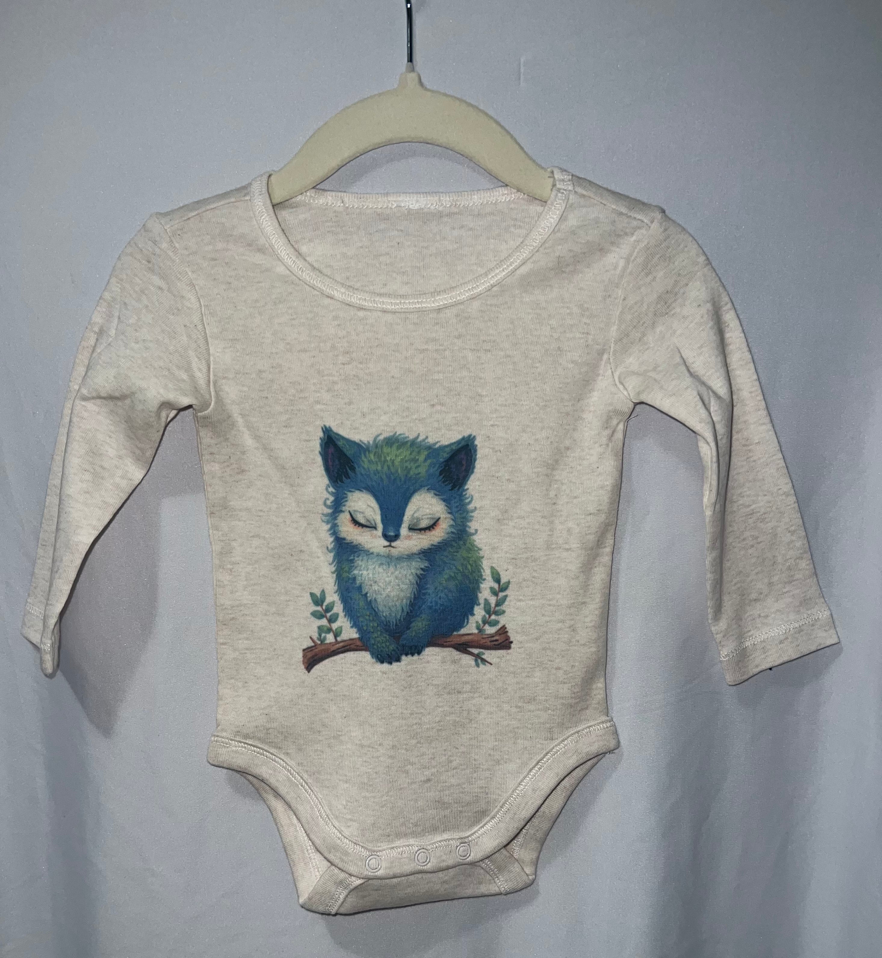 Oatmeal marle long sleeve baby onesie with watercolour sleepy teal owl on branch print on hanger
