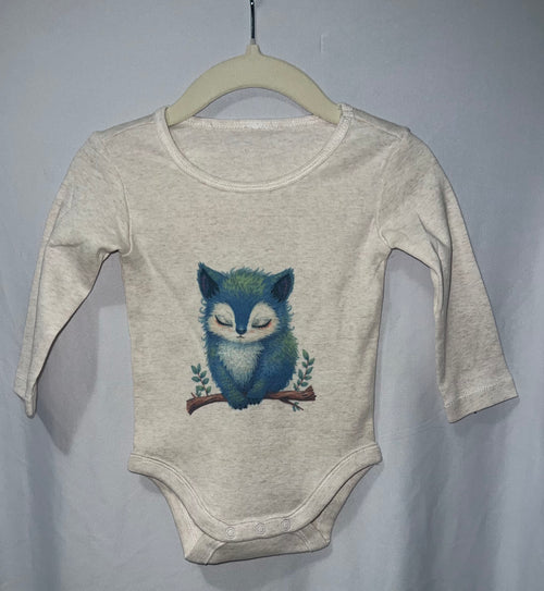Oatmeal marle long sleeve baby onesie with watercolour sleepy teal owl on branch print on hanger