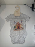 Grey marle short sleeve baby onesie with vintage circus tent acrobats and animals print on 3-6 months hanger