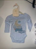 Sky blue long sleeve baby onesie with sleepy moon on clouds and Good Night print on 3-6 months hanger