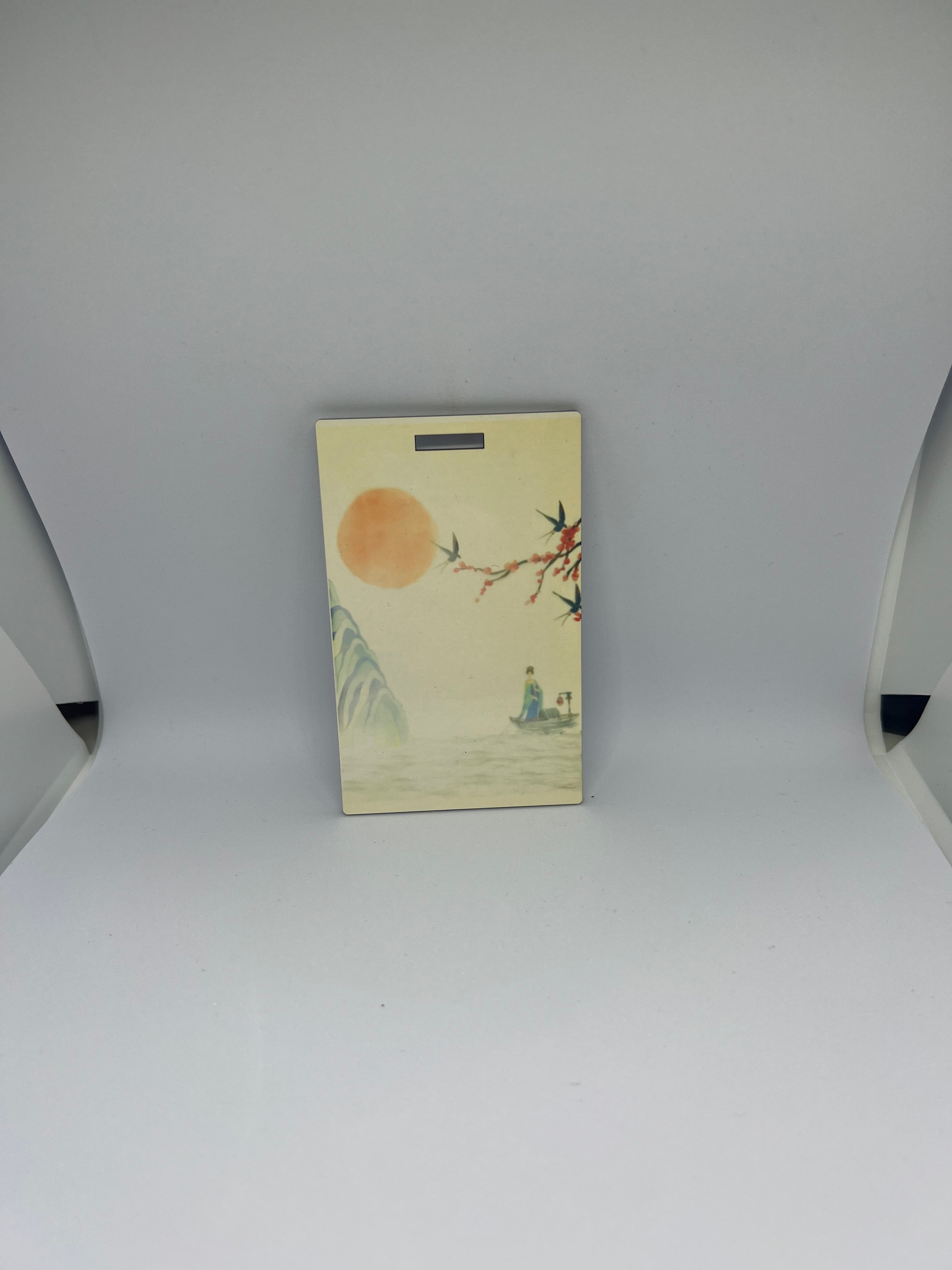 Japanese watercolour sunset luggage tag with figure on boat cherry blossom and swallows on cream background