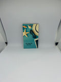 It's Time to Travel beach essentials luggage tag with straw hat sunglasses starfish and seashells on teal background