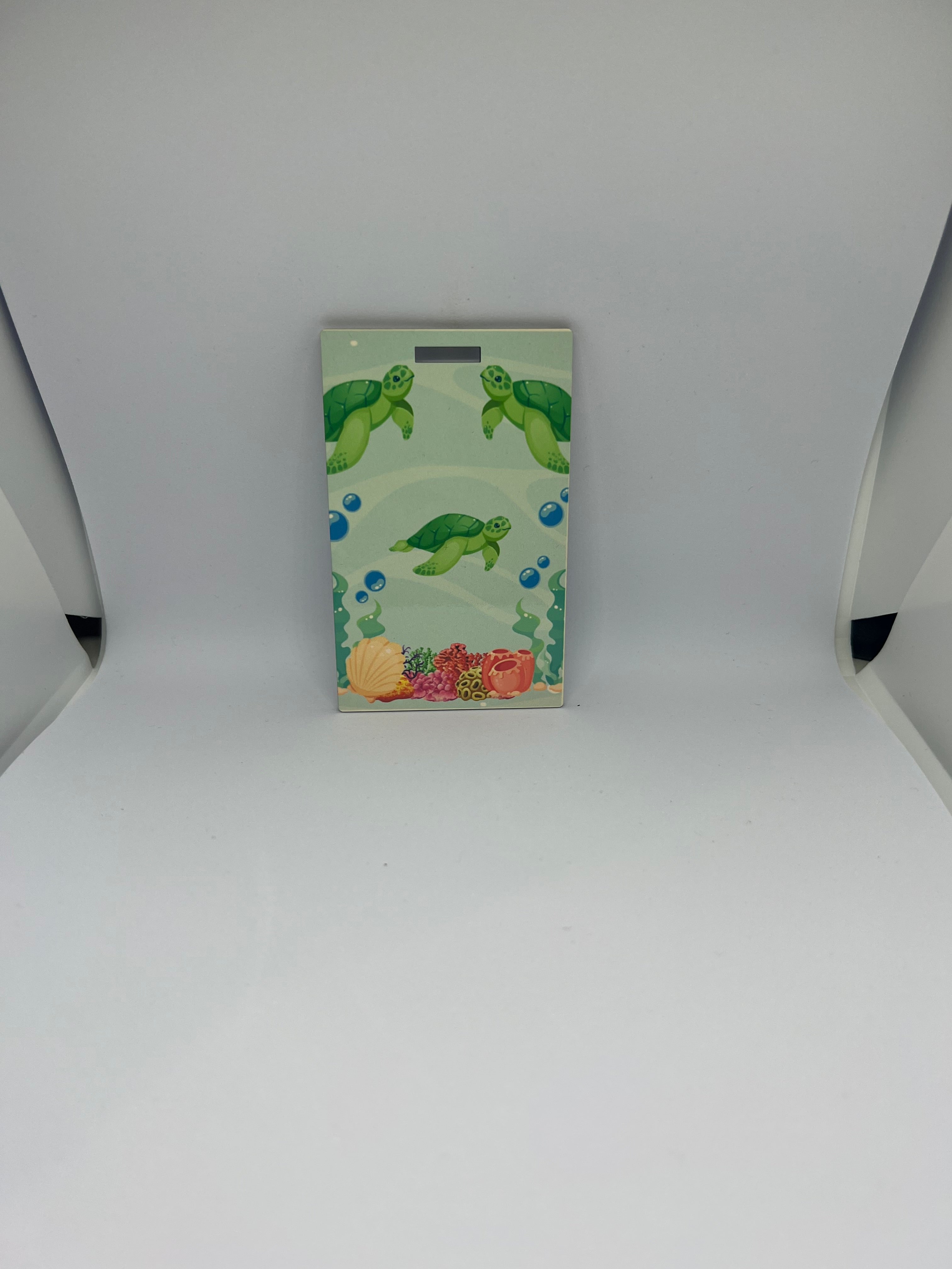 Sea turtle underwater luggage tag with watercolour turtles bubbles and coral reef on soft aqua background