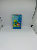 Zoo Adventure kids luggage tag with cartoon giraffe zebra lion and explorer girl on blue sky background
