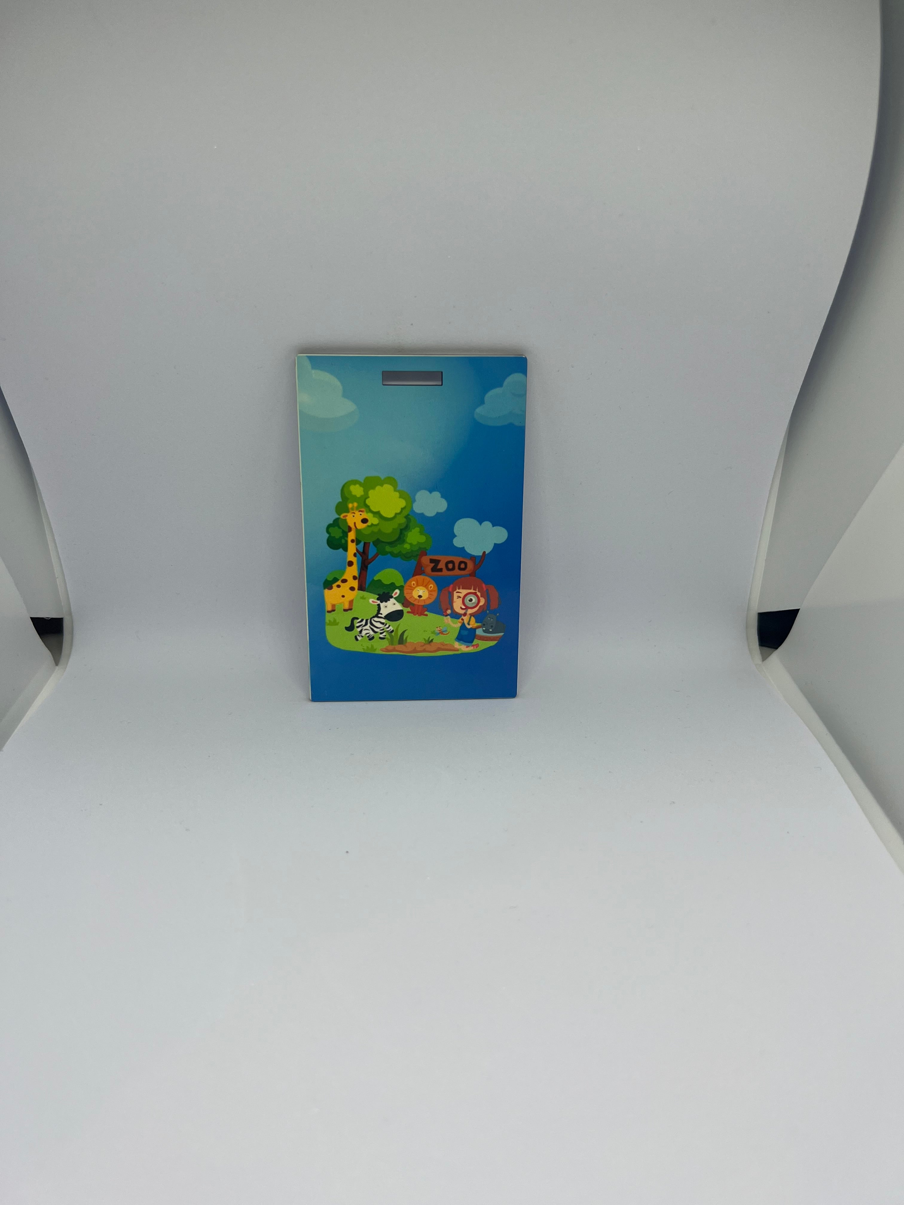 Zoo Adventure kids luggage tag with cartoon giraffe zebra lion and explorer girl on blue sky background